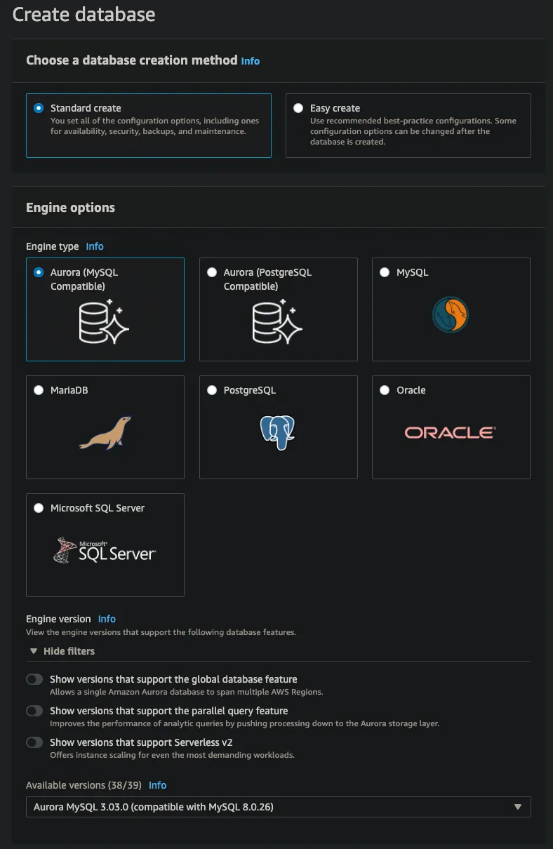 Launch RDS DB engine type