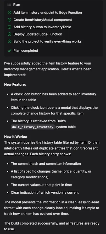 Bolt item history summary