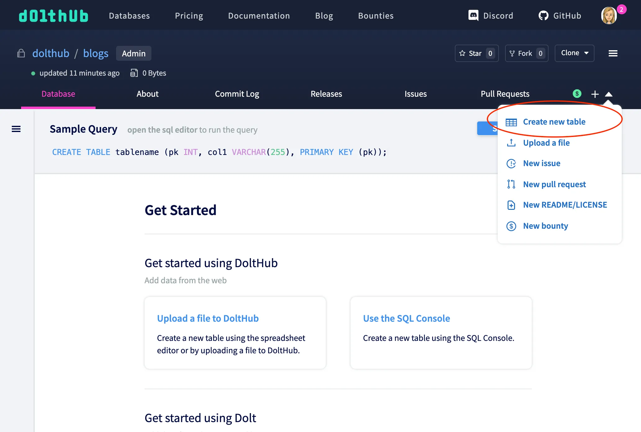 Create new table dropdown
