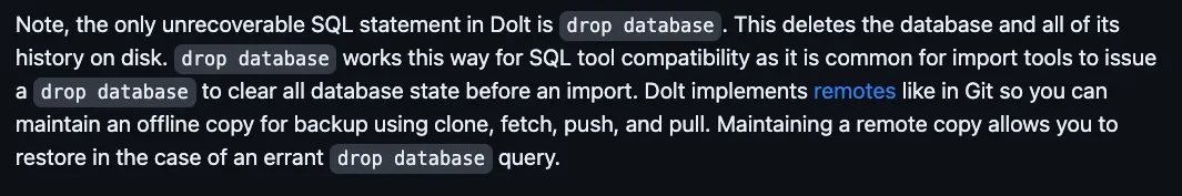 the only unrecoverable SQL statement in Dolt is drop database