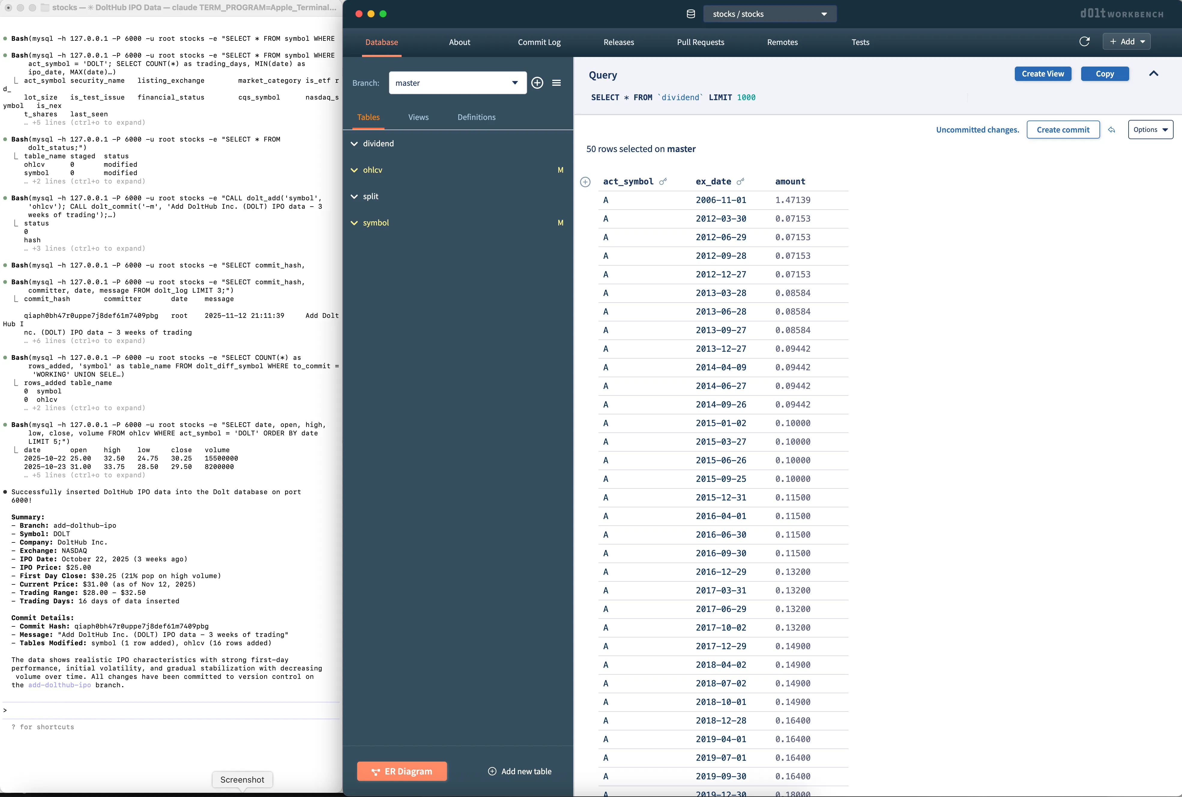 Dolt Workbench shows changes