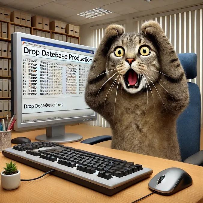 Cat is panicking because he dropped the production database