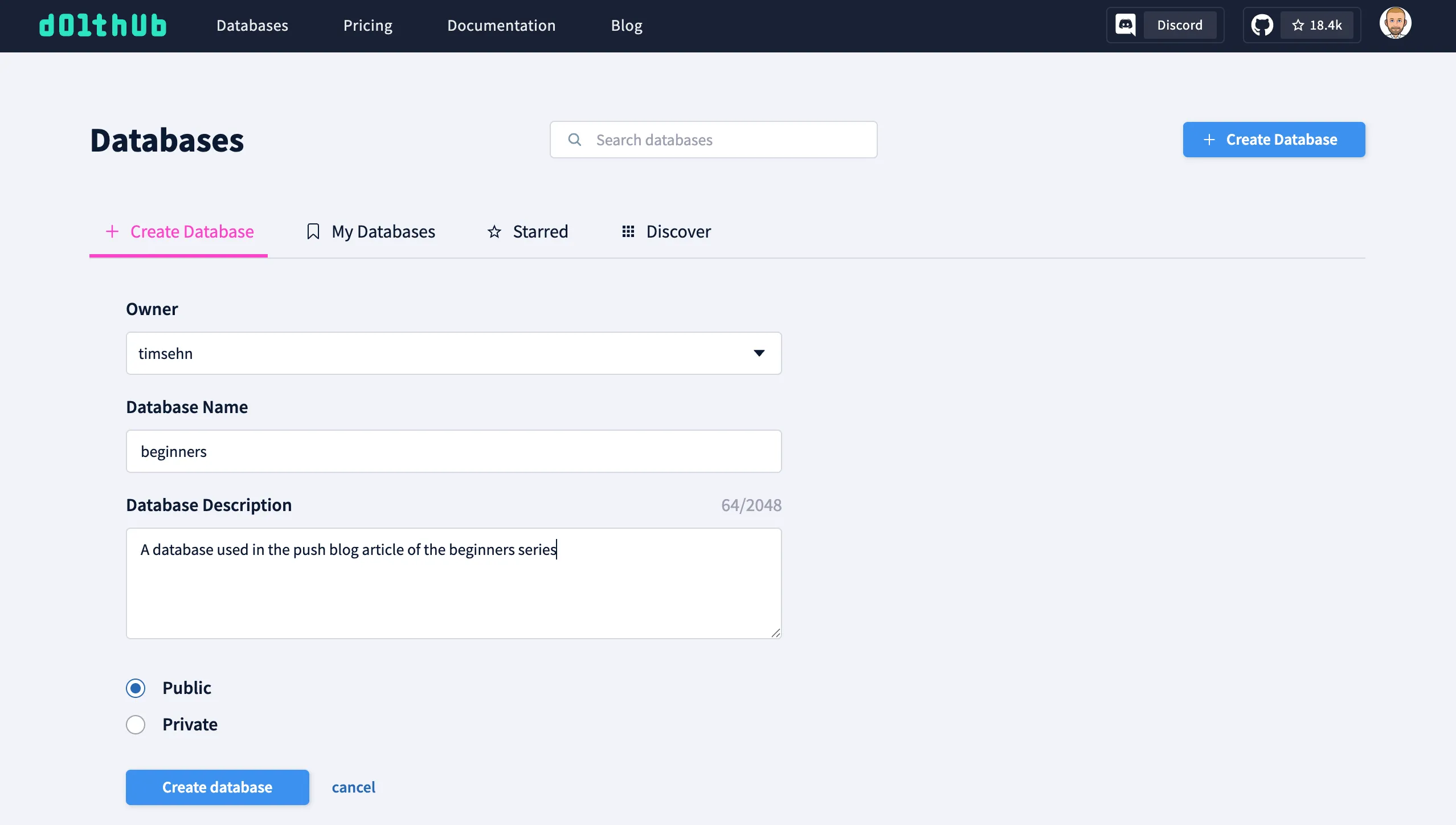 DoltHub Create Database
