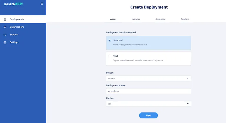 Hosted Dolt: Create deployment UI