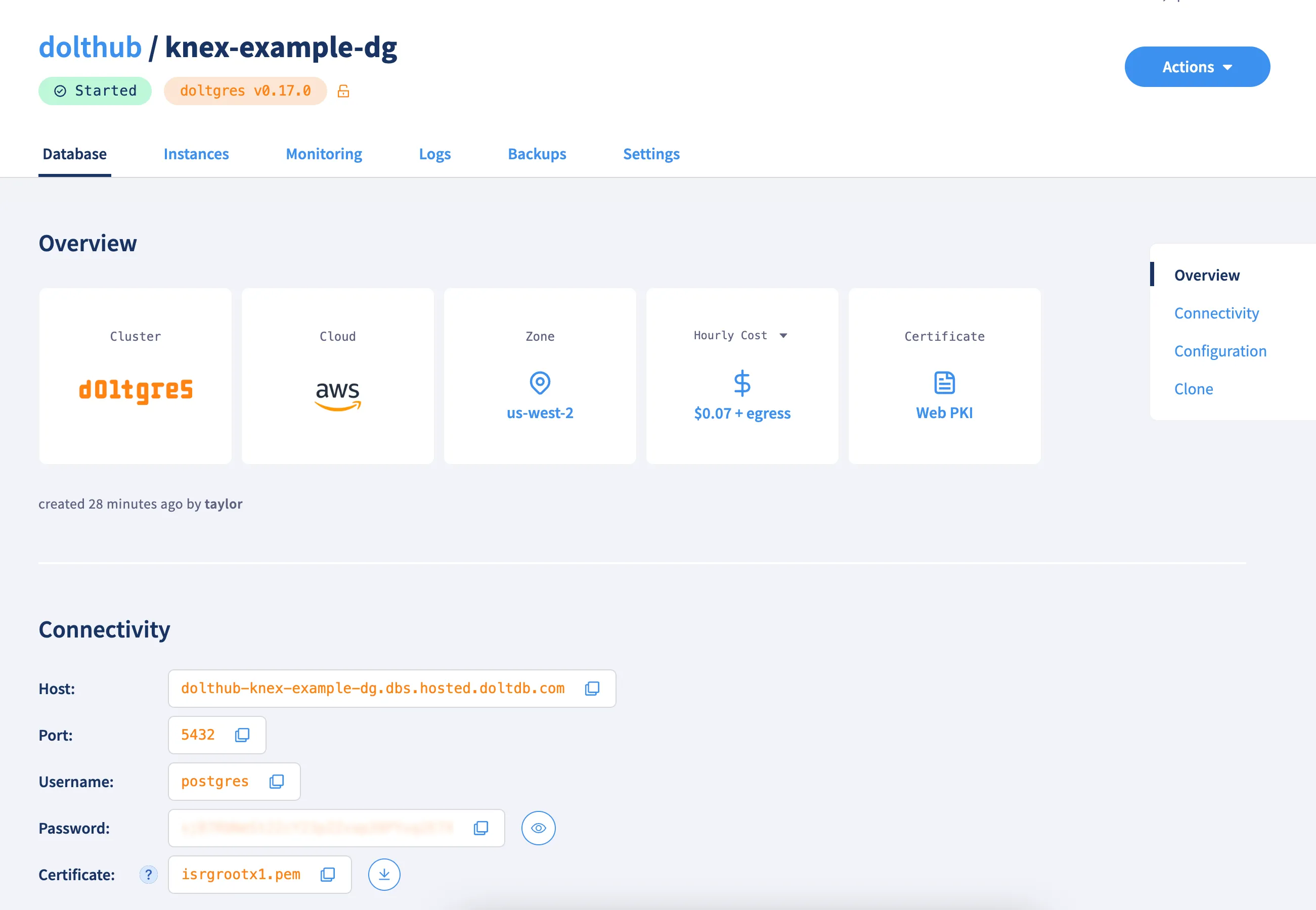 Knex example connectivity information
