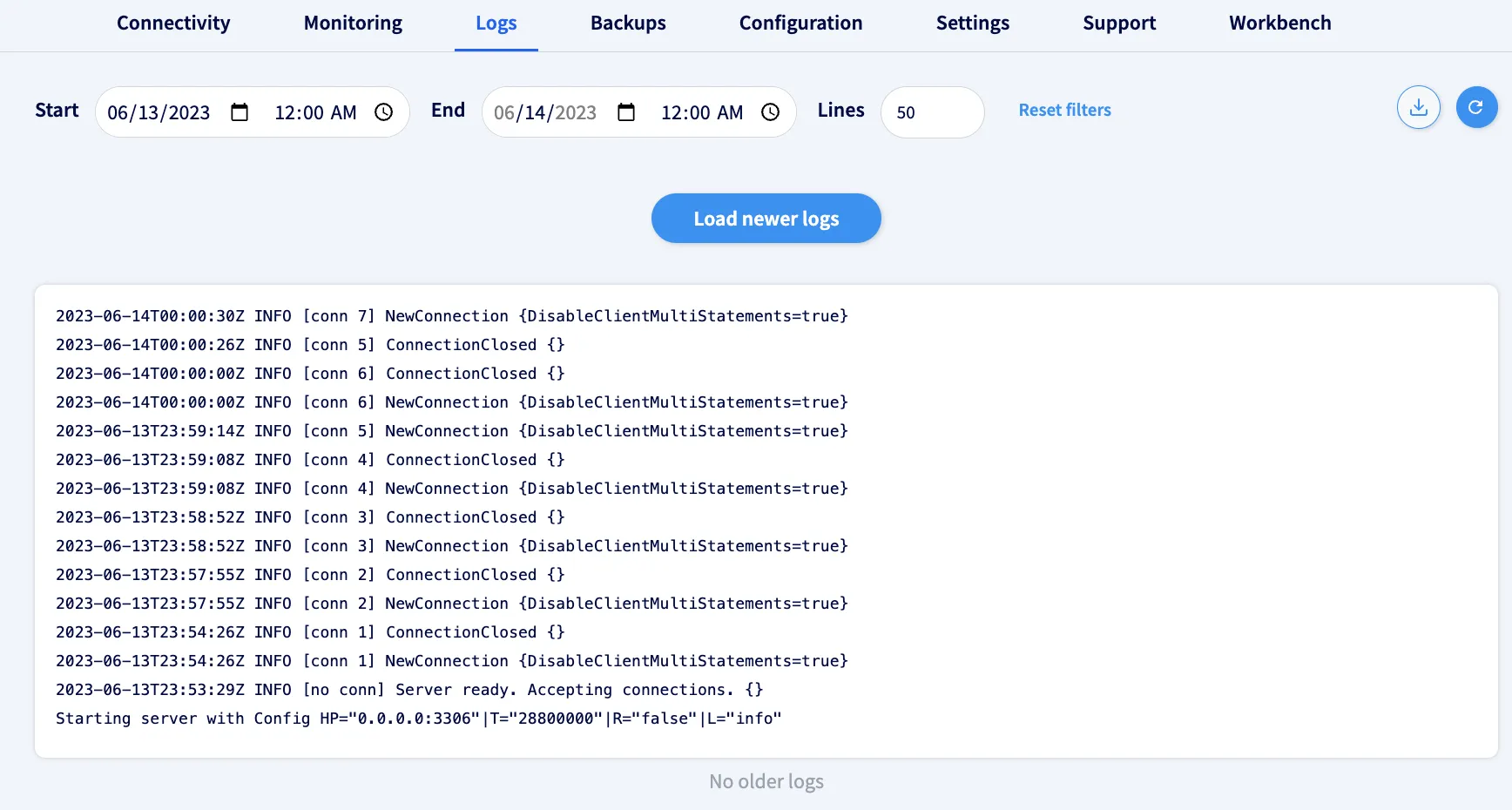 Hosted Database Logs
