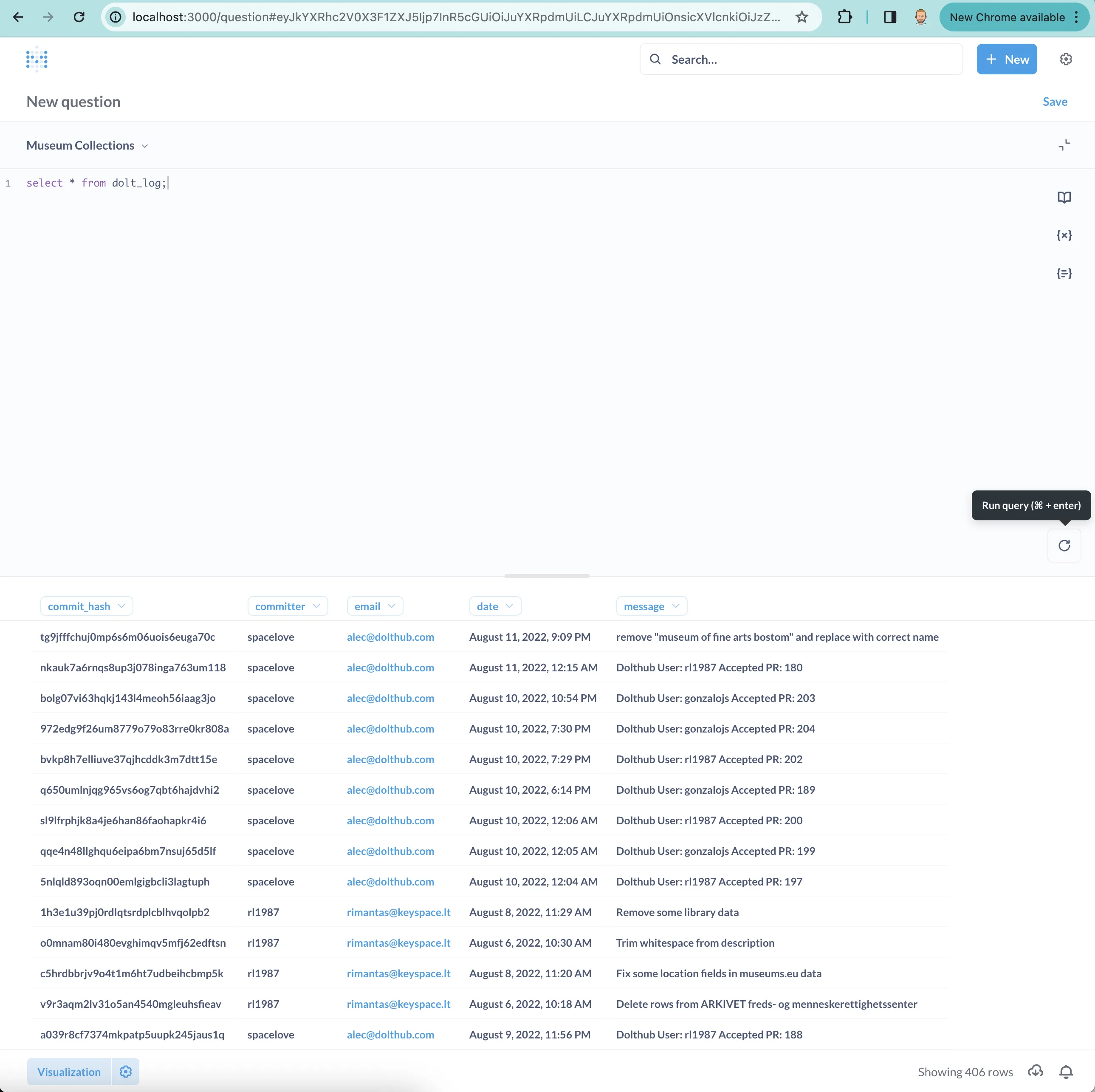 Metabase Dolt Log results