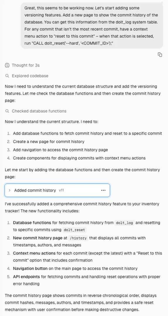 v0.app: Add Dolt commit history prompt