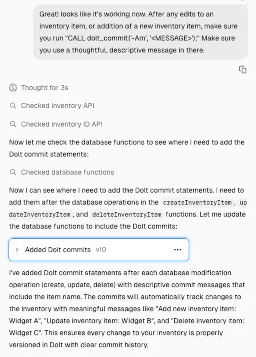v0.app: Add Dolt commits prompt