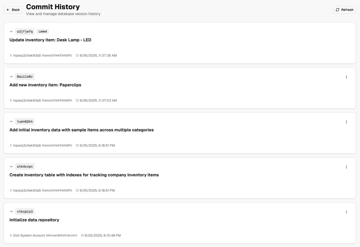 v0.app: Dolt commit history page
