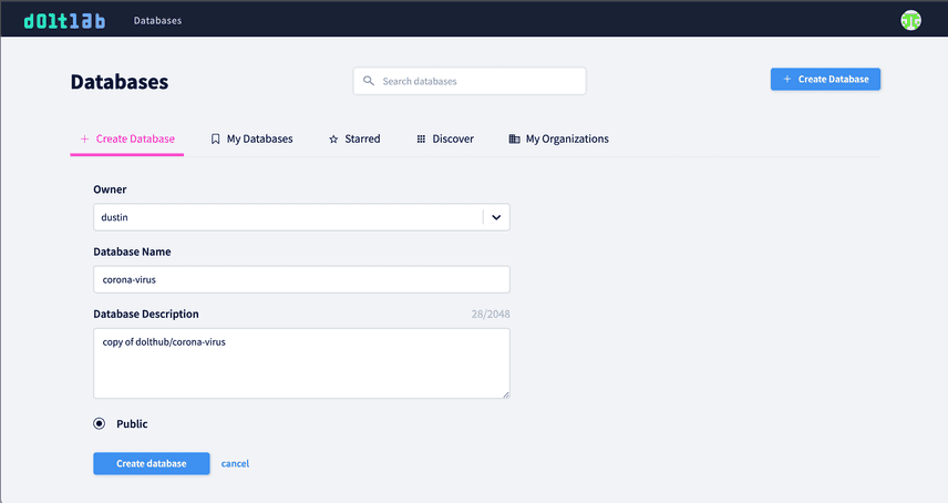 DoltLab Create Database