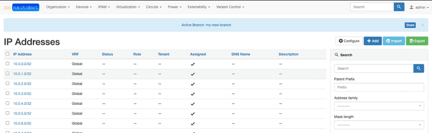 IP Address list view