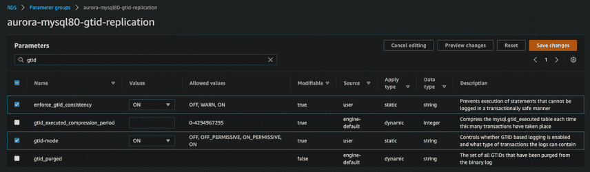 Configure RDS DB Cluster GTID settings