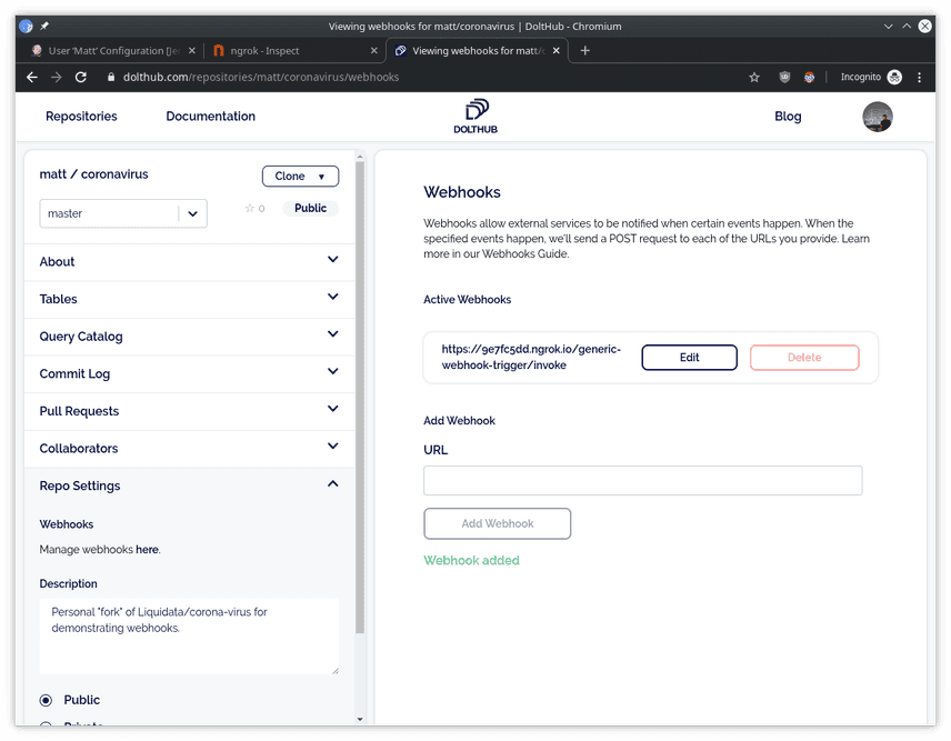 Result of successful webhook creation