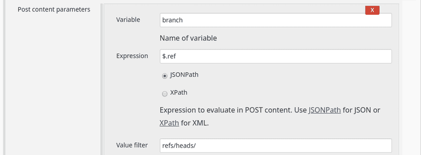 Setting up the webhook build trigger parameters