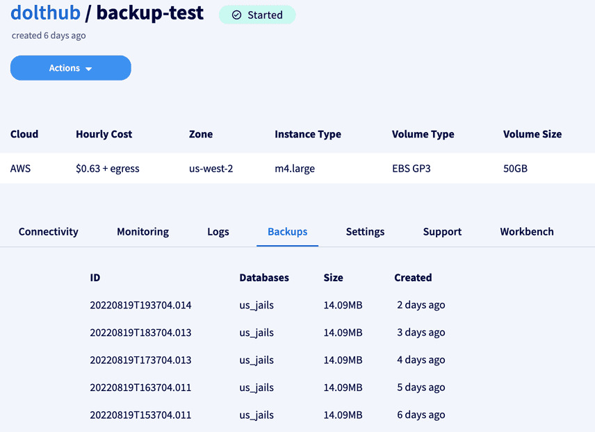 Deployment Backups Page
