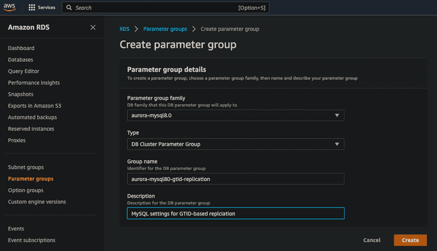 Create RDS DB Cluster parameter group
