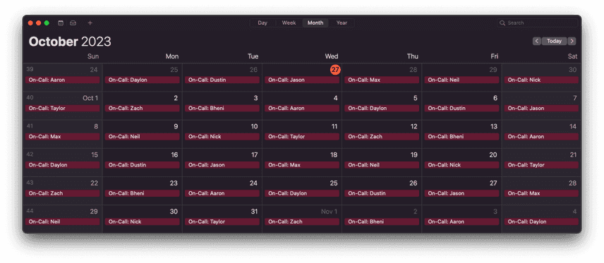 Mac Calendar now shows our oncall schedule