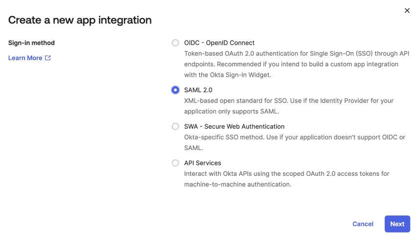 Okta new app integration