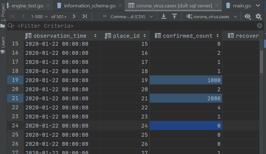 Edited rows in table