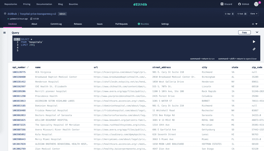 DoltHub Database page