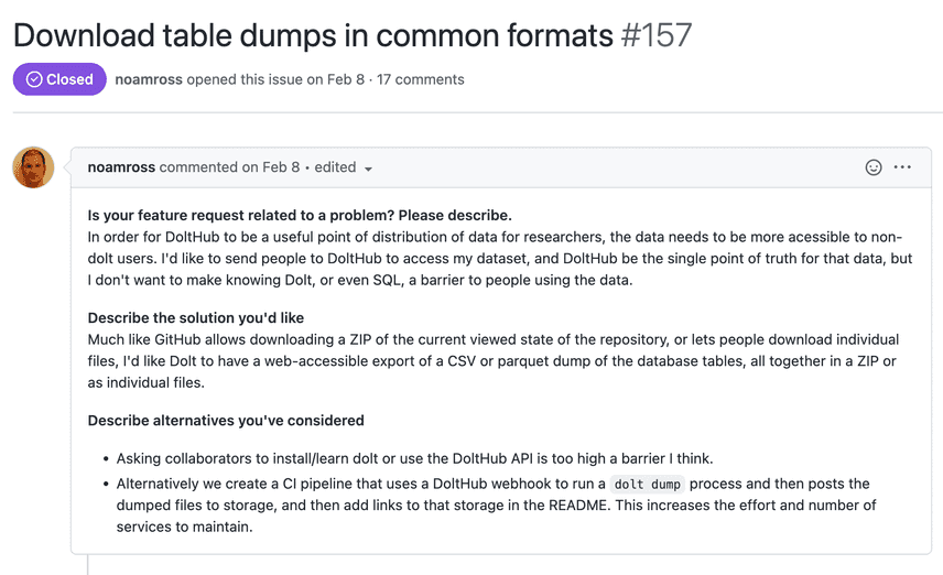 DoltHub CSV Feature Request