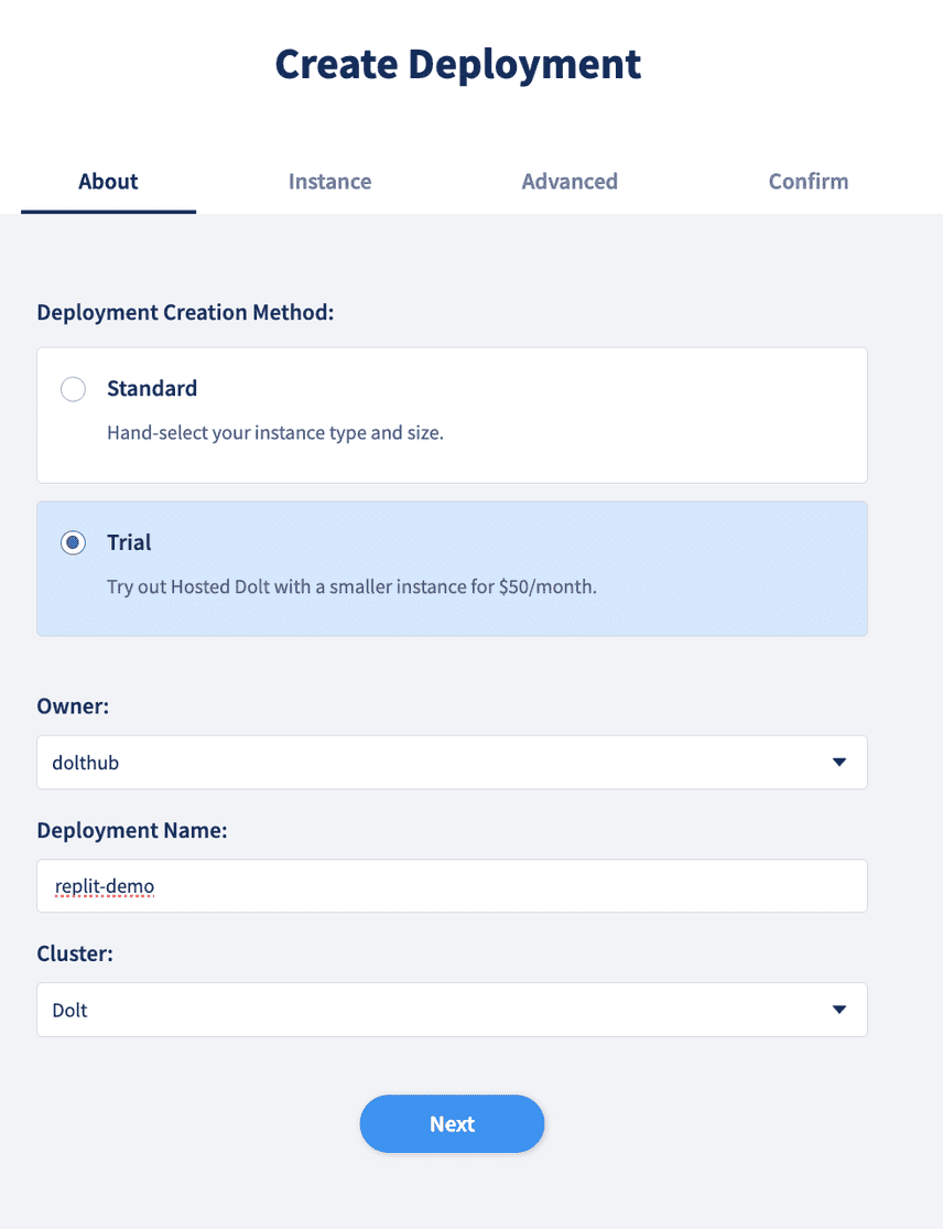 Create a Hosted Dolt Trial Instance