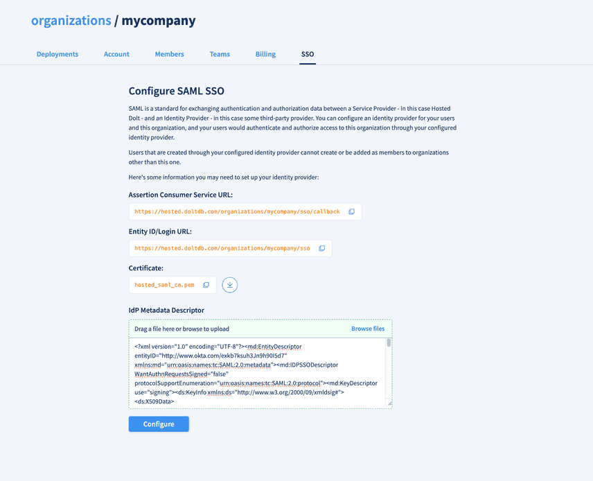 Organization SAML Configuration