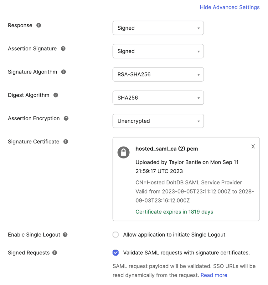 Okta create SAML integration advanced settings