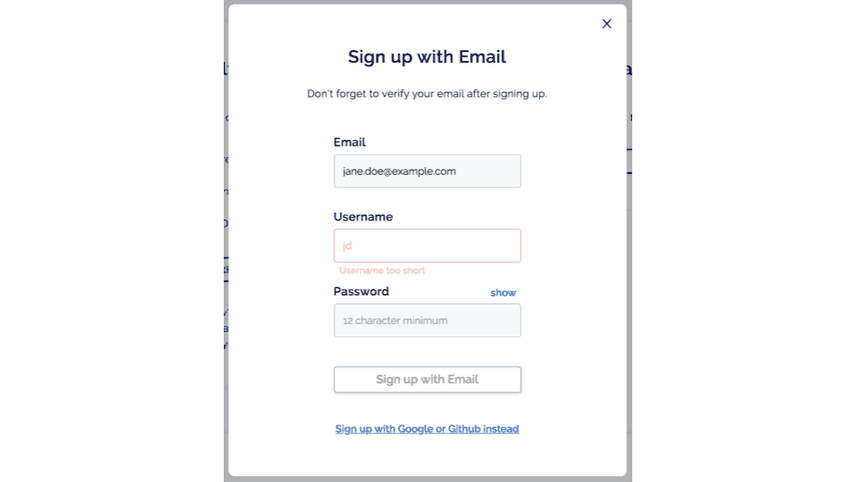 Create account with password form