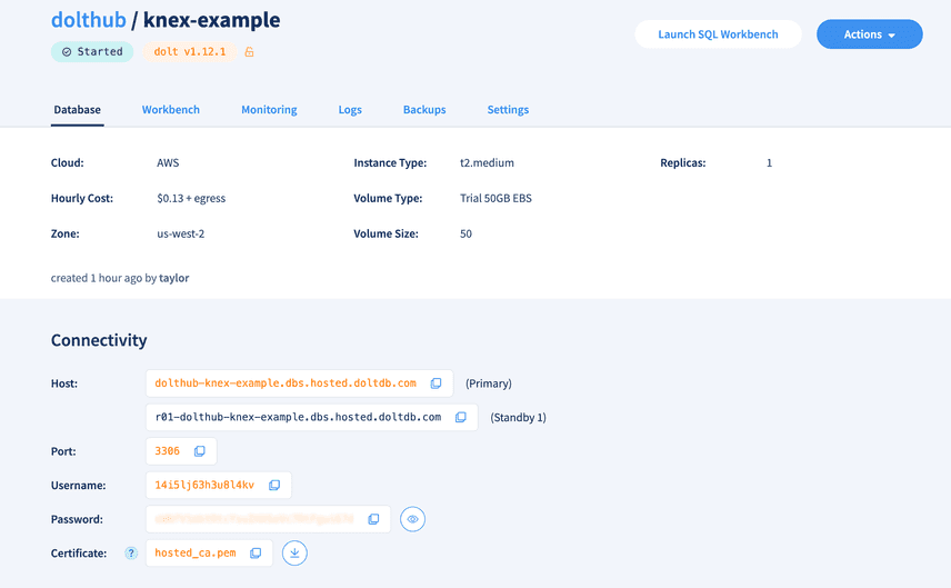 Knex example connectivity information