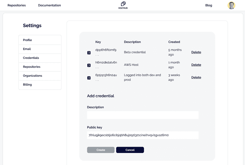 DoltHub credentials page