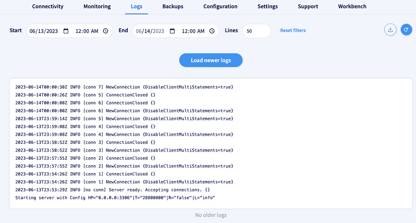 Hosted Database Logs