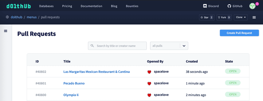 DoltHub Pull Request Page with Search and Filter