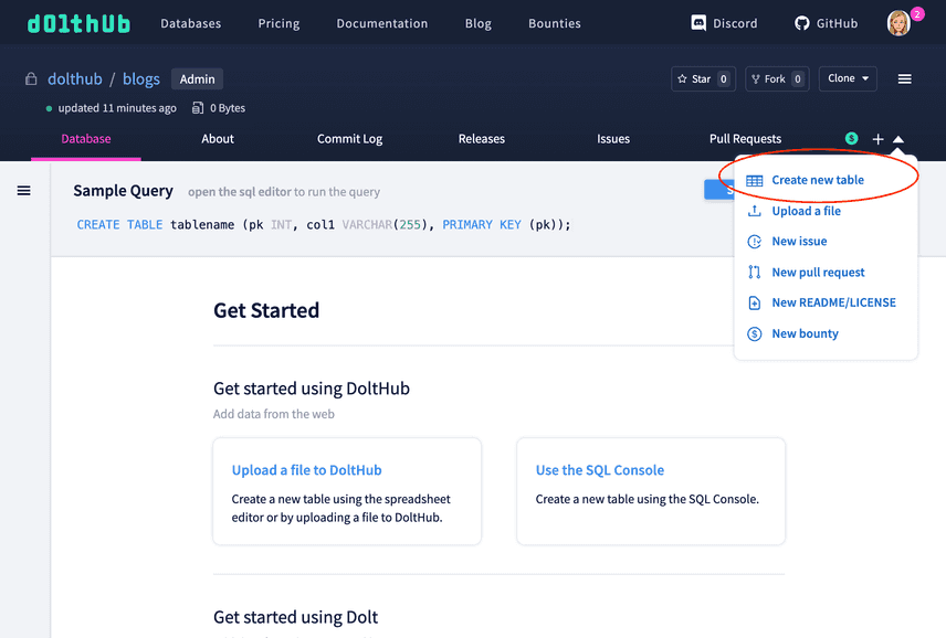 Create new table dropdown