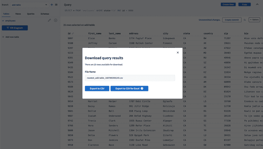 Download query results popup