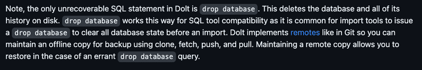 the only unrecoverable SQL statement in Dolt is drop database